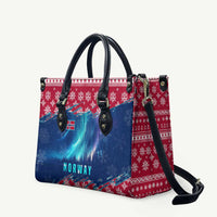 Red and blue winter patterned leather tote bag with Norway text, top handles and shoulder strap