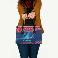 Red and blue winter tote bag with Norway text and shoulder strap, front view