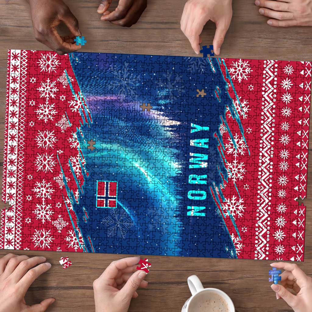 Red and blue Norway jigsaw puzzle, Northern Lights scene with snowflakes and hands