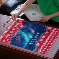 Norway jigsaw puzzle being assembled on red and blue snowy Northern Lights design