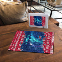 Red and blue Norway jigsaw puzzle with Northern Lights and snowflake frame, 300 pcs