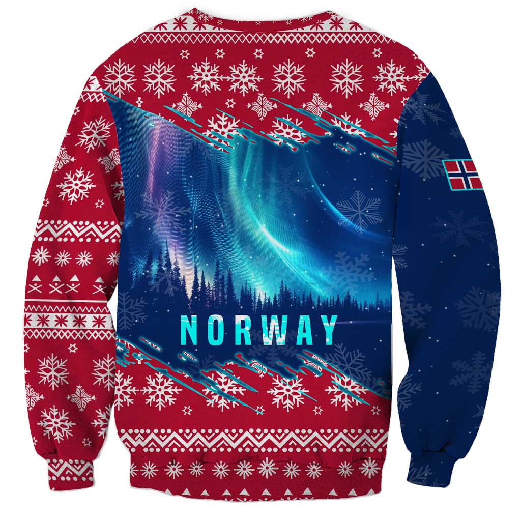 Unisex red and blue Christmas sweatshirt with northern lights forest scene and Norway text
