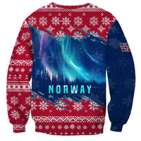 Unisex red and blue Christmas sweatshirt with northern lights forest scene and Norway text
