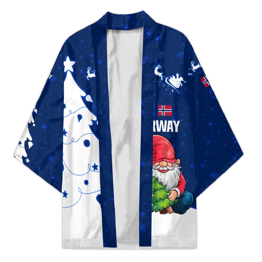 Unisex blue and white Christmas kimono with gnome Santa, snowman, and Nordic motifs