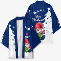 Set of unisex blue and white Christmas kimono views with Santa gnome and snowman