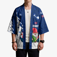 Unisex blue and white Christmas kimono worn by model with Santa gnome front print