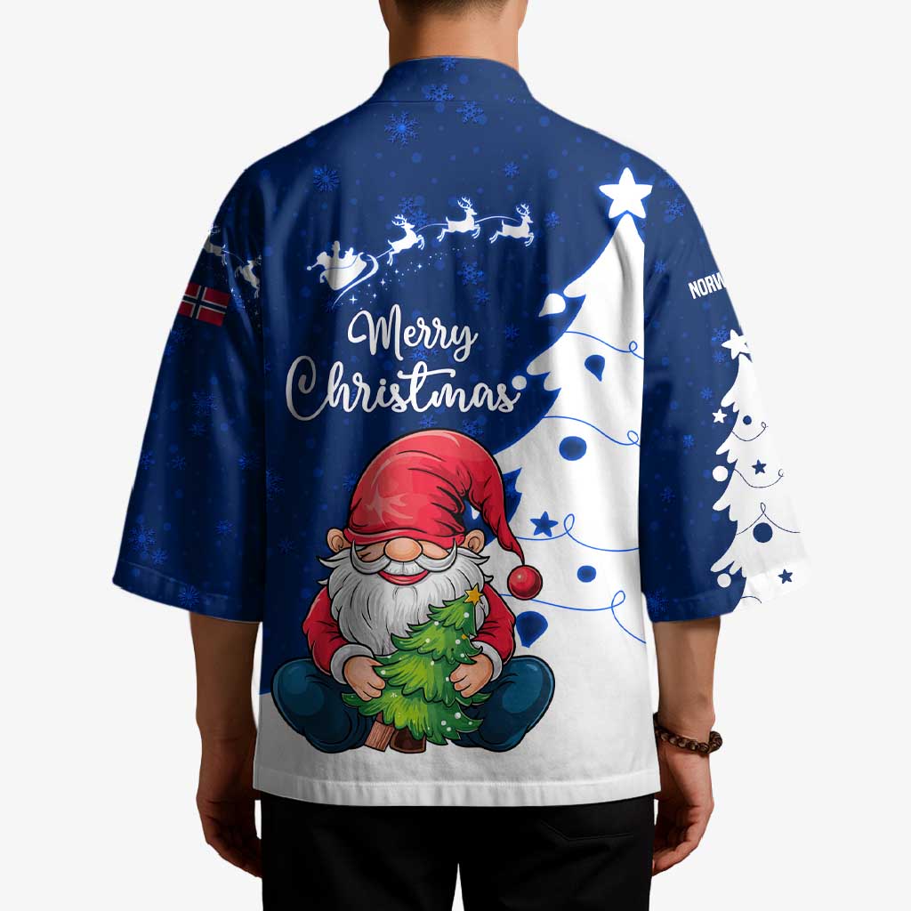 Back view of unisex blue and white Christmas kimono with Santa gnome and “Merry Christmas”