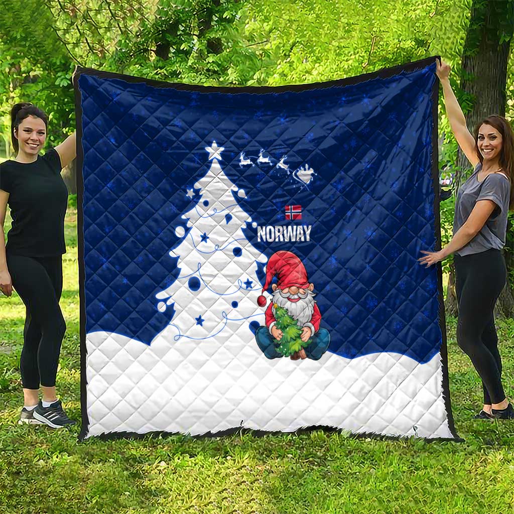 Blue and white Norway quilt with Nordic gnome Santa, white Christmas tree, and Norway flag