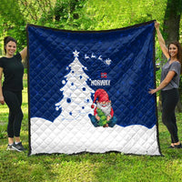 Blue and white Norway quilt with Nordic gnome Santa, white Christmas tree, and Norway flag