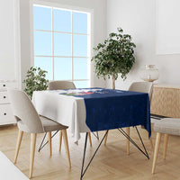 Blue Nordic holiday tablecloth with Norway gnome Santa and snowflake design