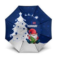 Blue and white Christmas umbrella with Nordic gnome Santa, snowflakes, and Norway text