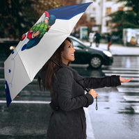 Blue and white umbrella with gnome Santa and Norway logo, snowflake winter print