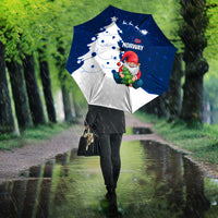 Blue and white umbrella with Nordic gnome Santa, snowflakes, and Norway lettering