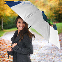 White umbrella canopy with blue Nordic gnome Santa design and snowflake details