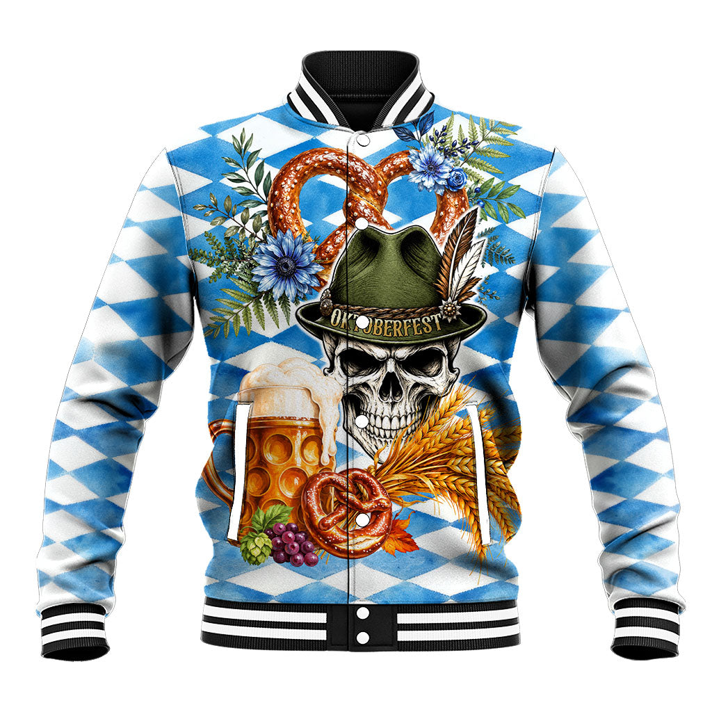 Oktoberfest Skull Bear Baseball Jacket Vintage Bavarian Crest Beer Stein Pretzel Floral Art