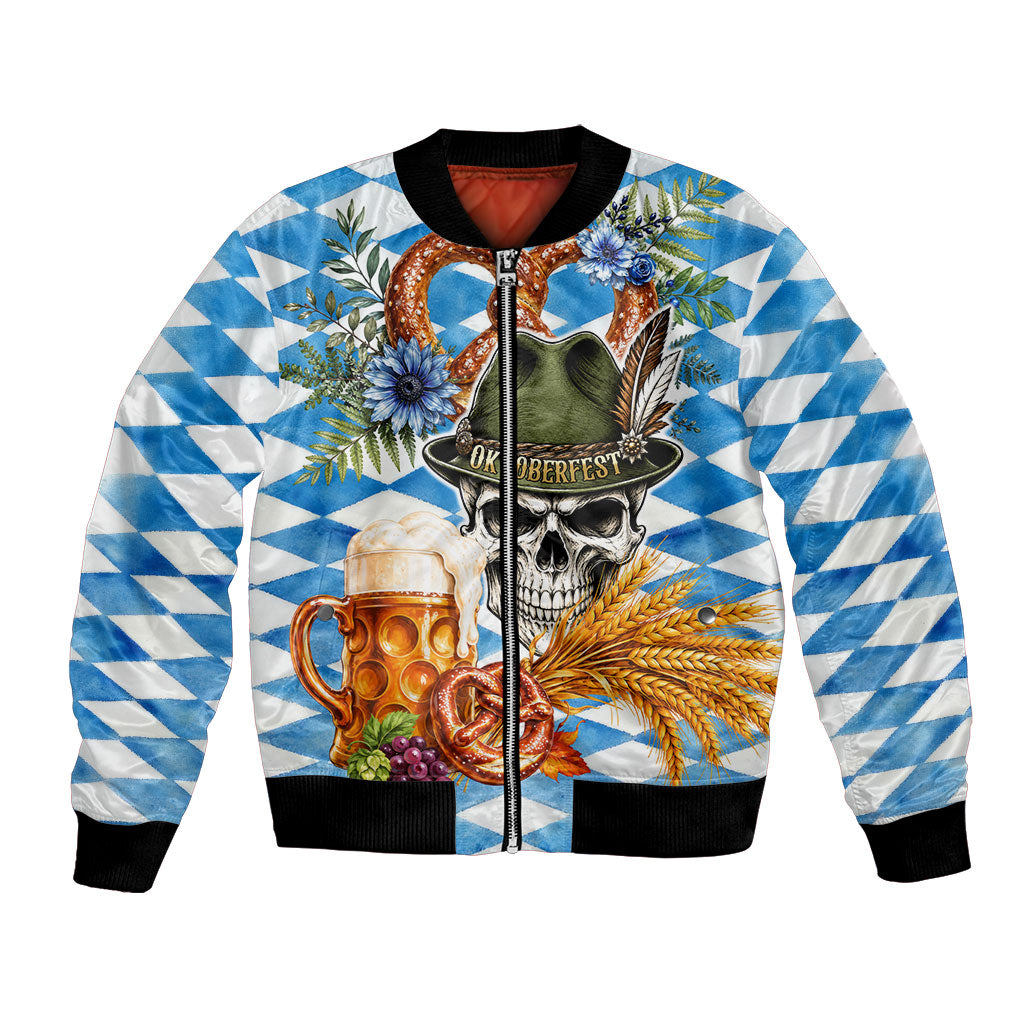 Oktoberfest Skull Bear Bomber Jacket Vintage Bavarian Crest Beer Stein Pretzel Floral Art