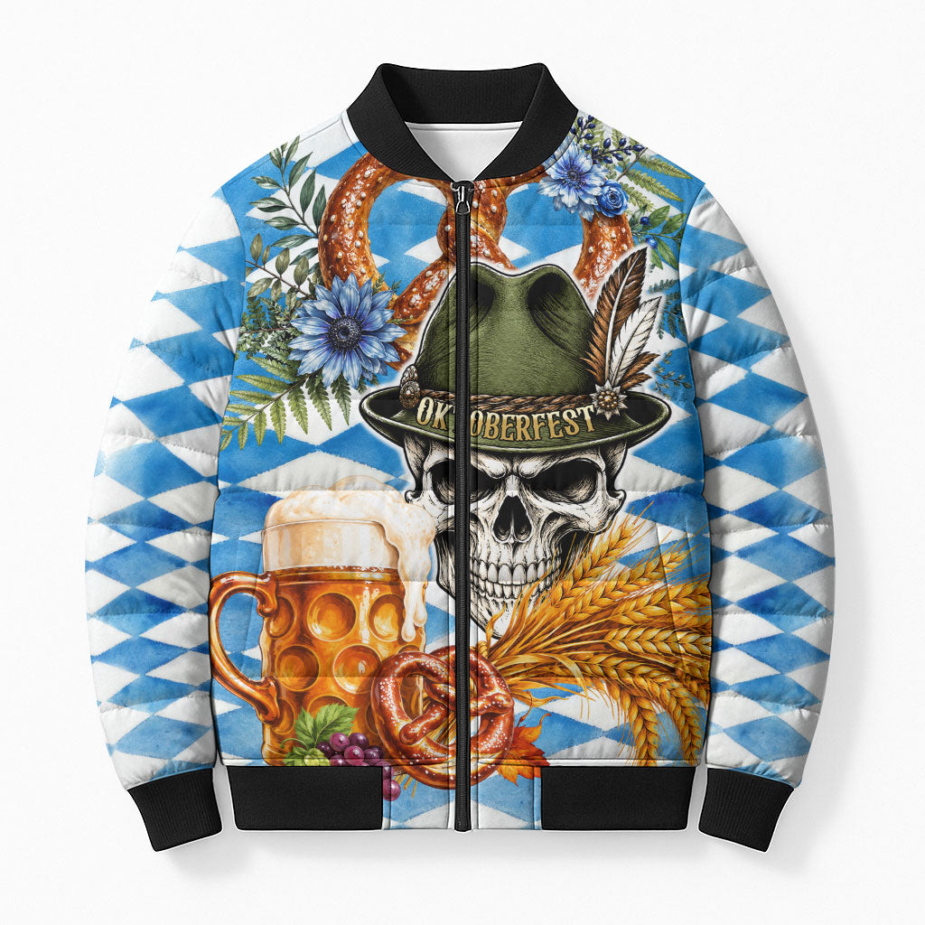 Oktoberfest Skull Bear Bomber Puffer Jacket Vintage Bavarian Crest Beer Stein Pretzel Floral Art