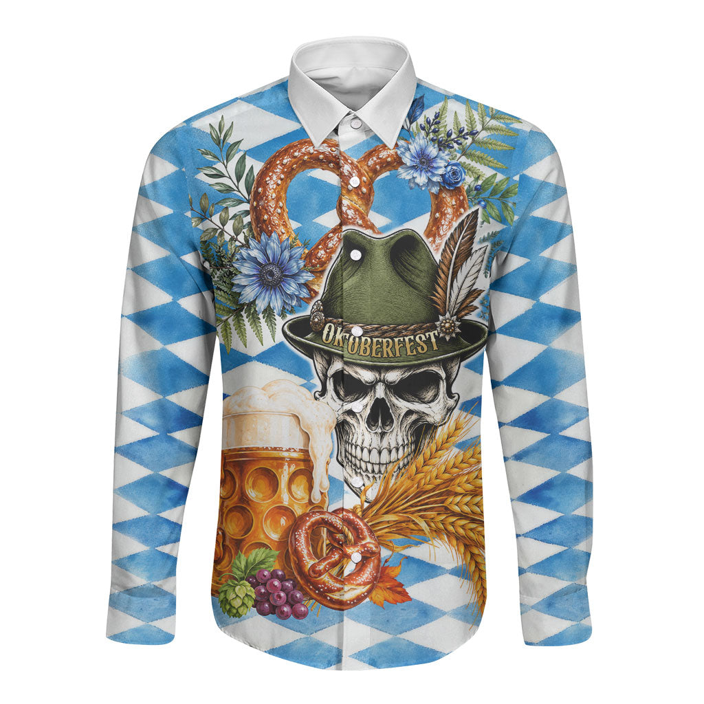 Oktoberfest Skull Bear Long Sleeve Button Shirt Vintage Bavarian Crest Beer Stein Pretzel Floral Art