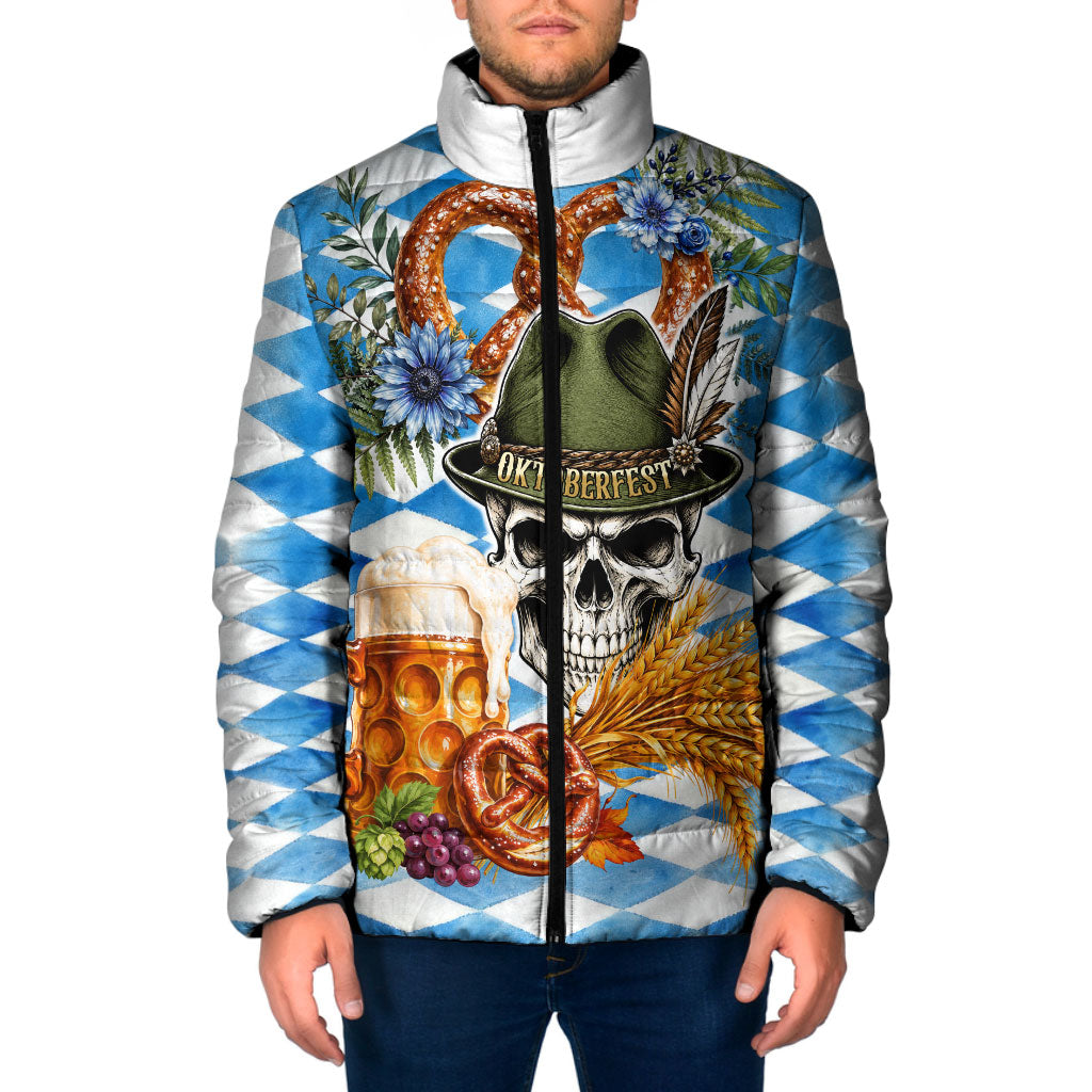 Oktoberfest Skull Bear Padded Jacket Vintage Bavarian Crest Beer Stein Pretzel Floral Art