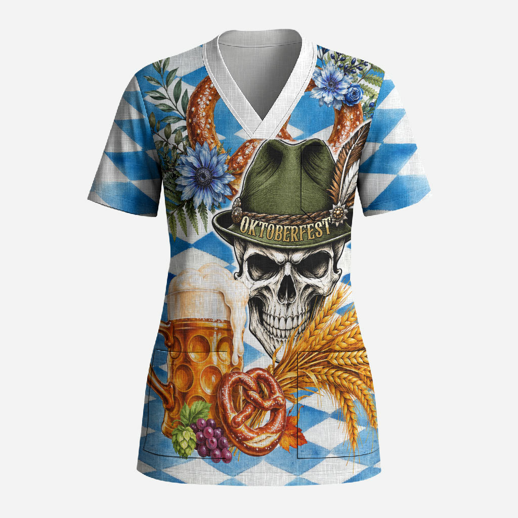 Oktoberfest Skull Bear Scrub Top Vintage Bavarian Crest Beer Stein Pretzel Floral Art
