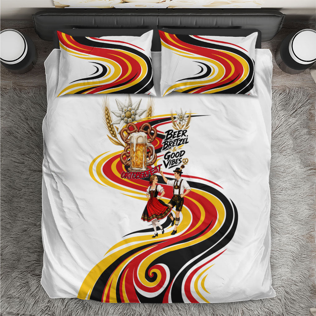 Oktoberfest German Beer Pretzel Bavarian Bedding Set Vintage Cartoon Chicken Edelweiss Good Vibes