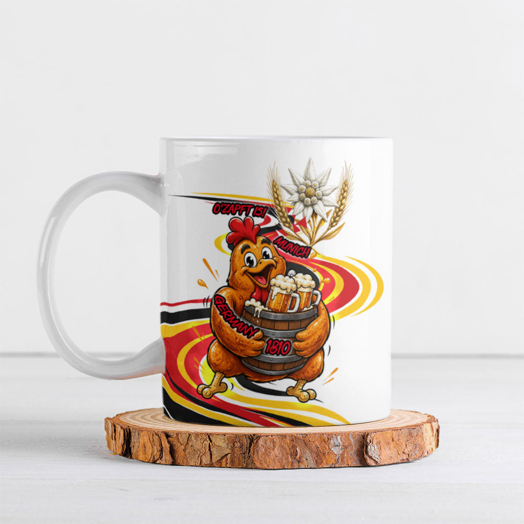 Oktoberfest German Beer Pretzel Bavarian Ceramic Mug Vintage Cartoon Chicken Edelweiss Good Vibes
