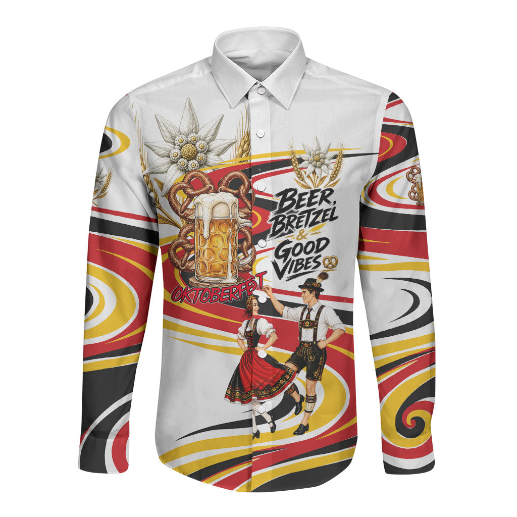 Oktoberfest German Beer Pretzel Bavarian Long Sleeve Button Shirt Vintage Cartoon Chicken Edelweiss Good Vibes