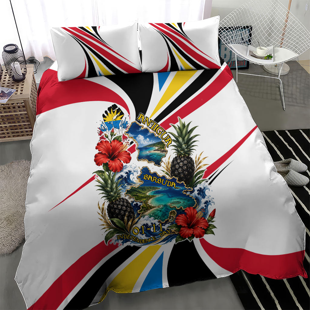 Antigua And Barbuda Independence Day Bedding Set Tropical Island Map Floral Sunburst