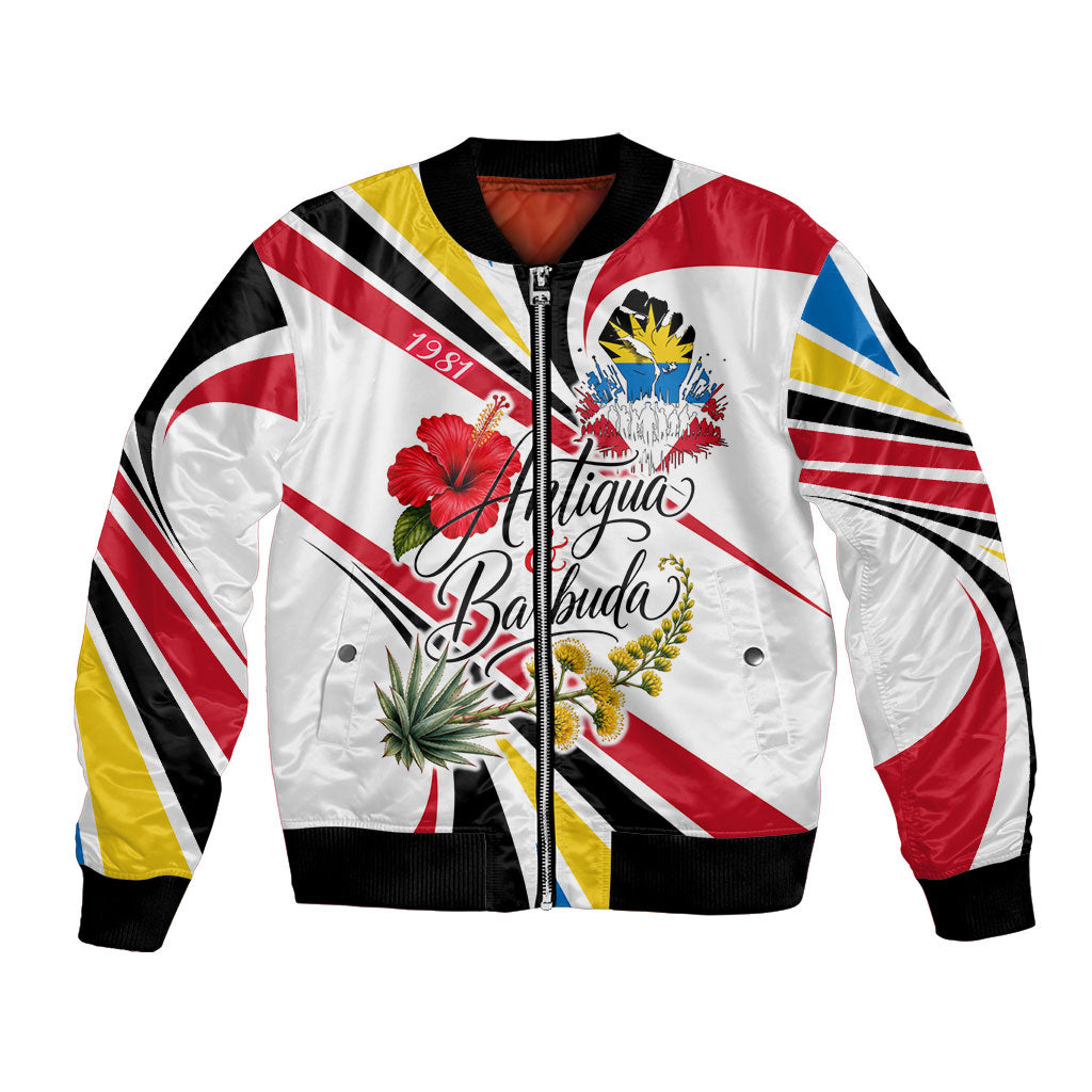 Antigua And Barbuda Independence Day Bomber Jacket Tropical Island Map Floral Sunburst
