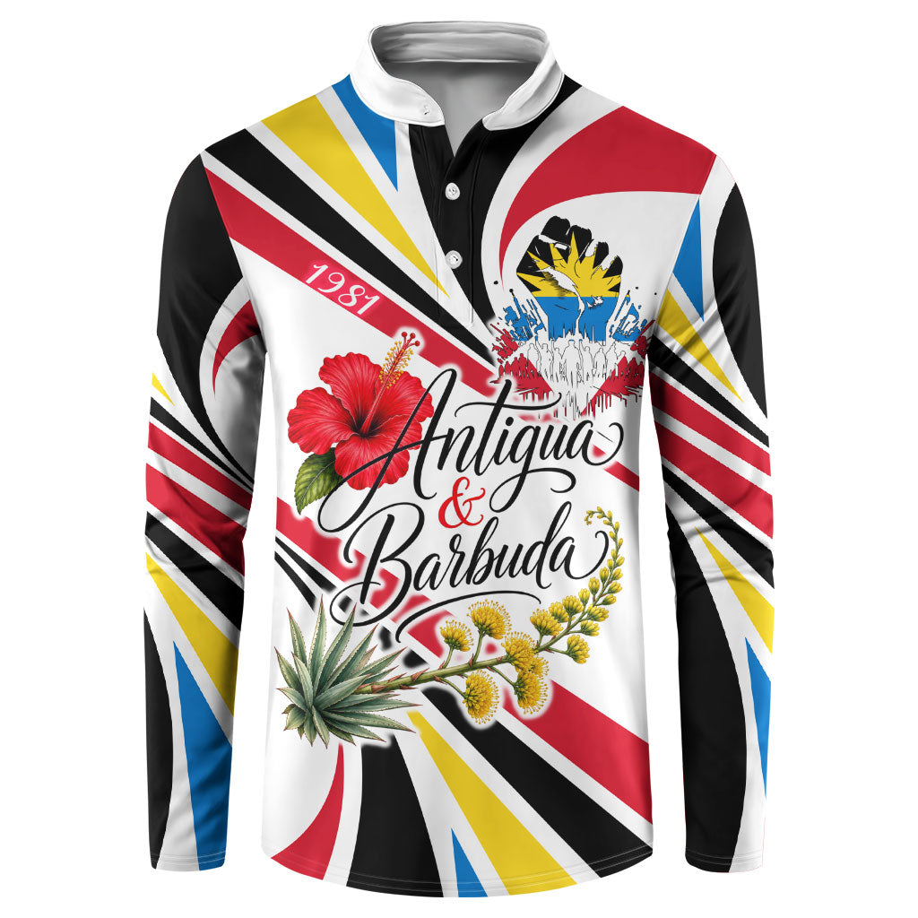 Antigua And Barbuda Independence Day Button Sweatshirt Tropical Island Map Floral Sunburst