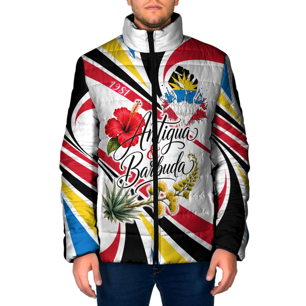 Antigua And Barbuda Independence Day Padded Jacket Tropical Island Map Floral Sunburst