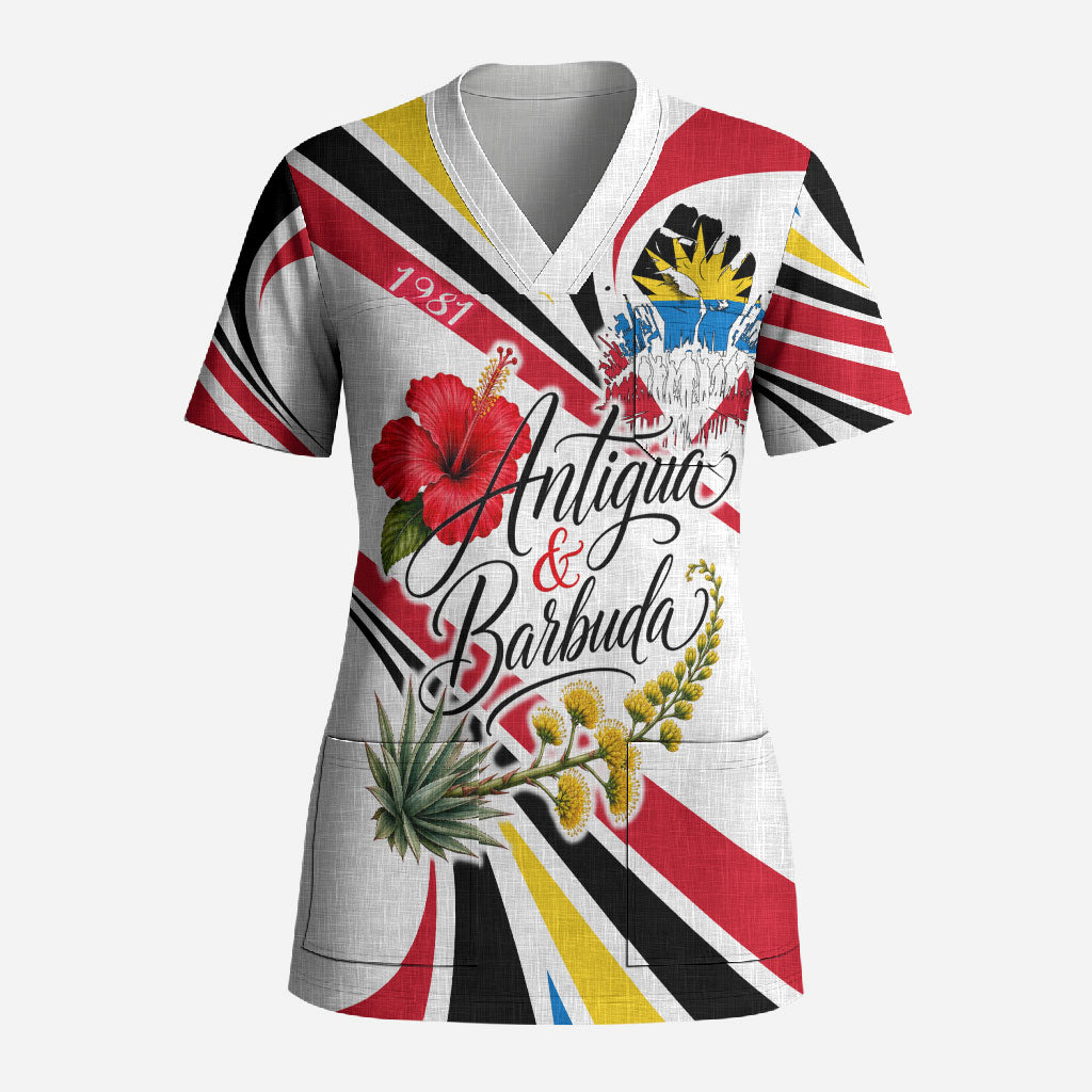 Antigua And Barbuda Independence Day Scrub Top Tropical Island Map Floral Sunburst