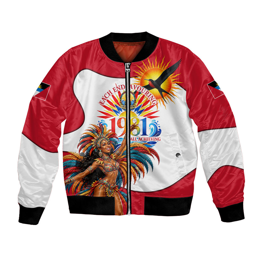 Antigua And Barbuda Independence Day Bomber Jacket Carnival Woman Sunburst Flag
