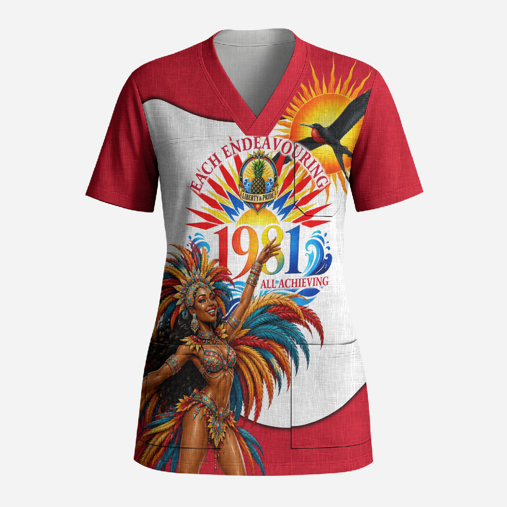 Antigua And Barbuda Independence Day Scrub Top Carnival Woman Sunburst Flag