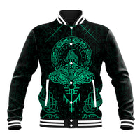 Black baseball jacket with teal graphic, snap front and striped collar/cuffs