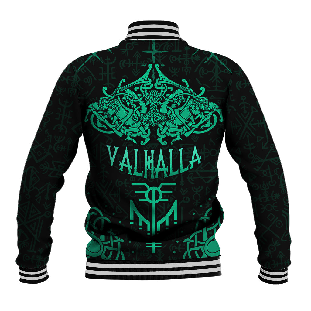 Black baseball jacket with large teal Valhalla back print and striped hem/cuffs