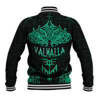 Black baseball jacket with large teal Valhalla back print and striped hem/cuffs