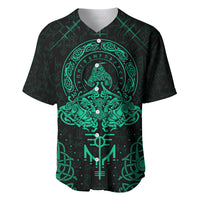 Black baseball jersey with teal V-neck and large Viking emblem front print.