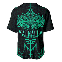 Black baseball jersey with teal V-neck, back graphic text 'VALHALLA' and Viking emblem.