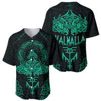 Black baseball jersey set with teal Viking graphics, showing front and back designs.