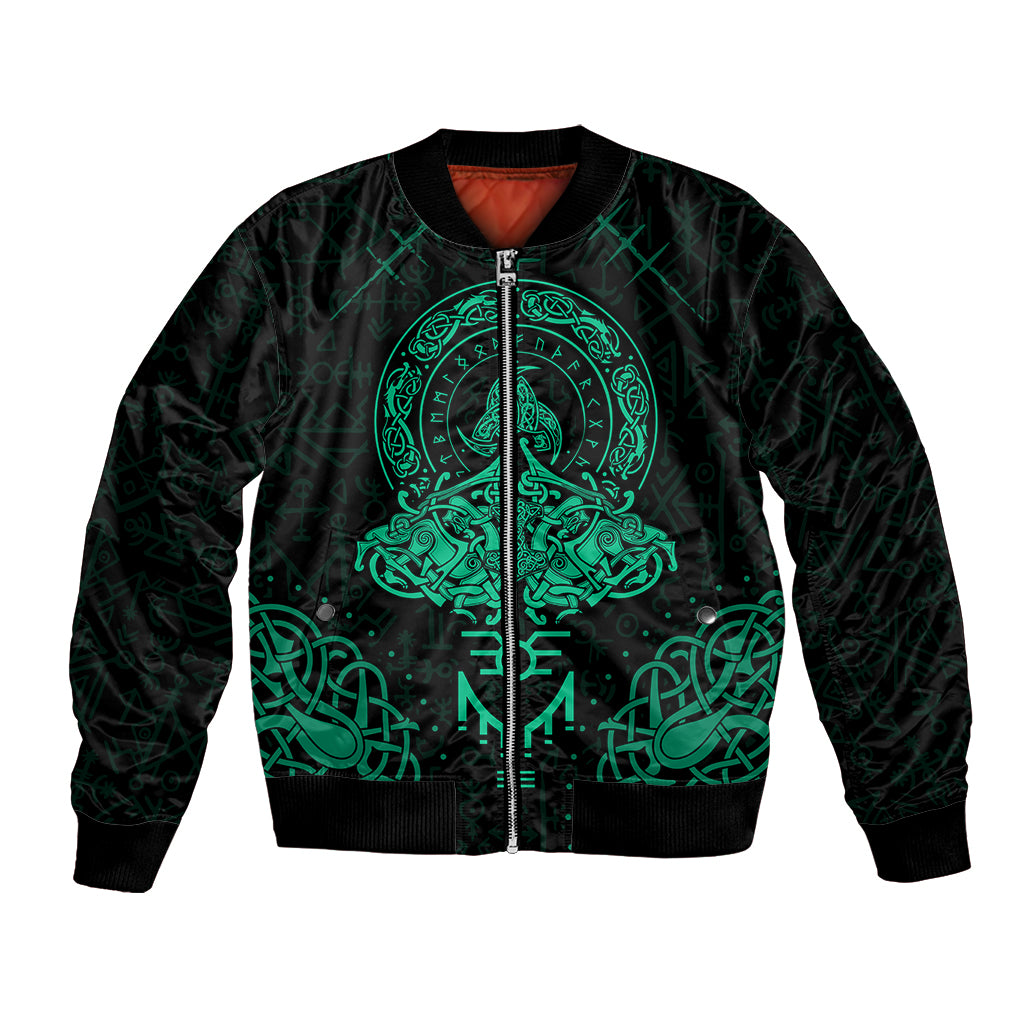 Black bomber jacket with cyan Viking emblem front zip