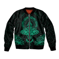 Black bomber jacket with cyan Viking emblem front zip