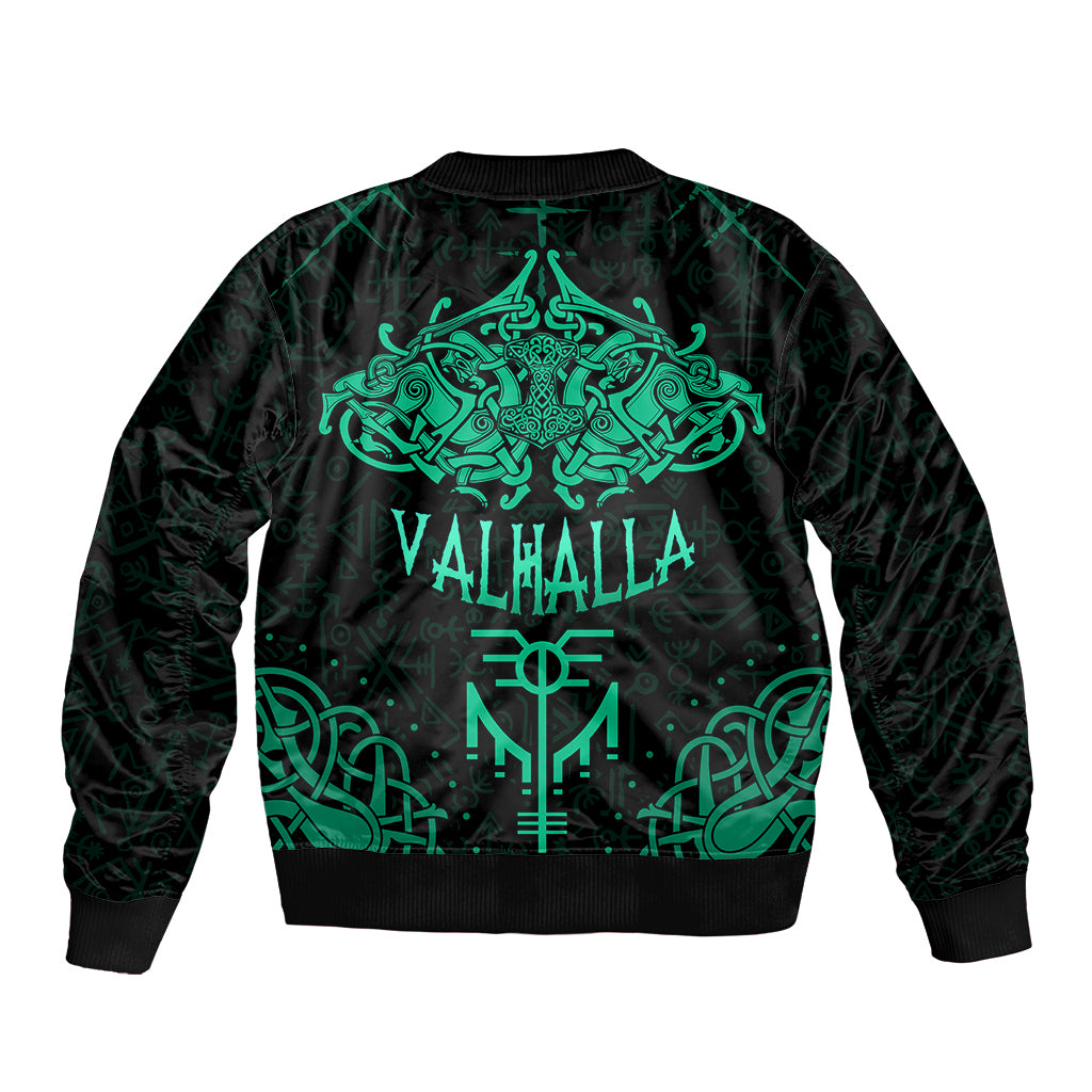 Black bomber jacket with cyan Viking back print and VALHALLA text