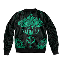 Black bomber jacket with cyan Viking back print and VALHALLA text