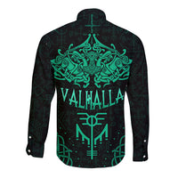 Unisex long sleeve button shirt, black with cyan 'VALHALLA' back print and rune patterns