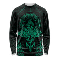 Black long sleeve shirt with teal circular Viking emblem front graphic