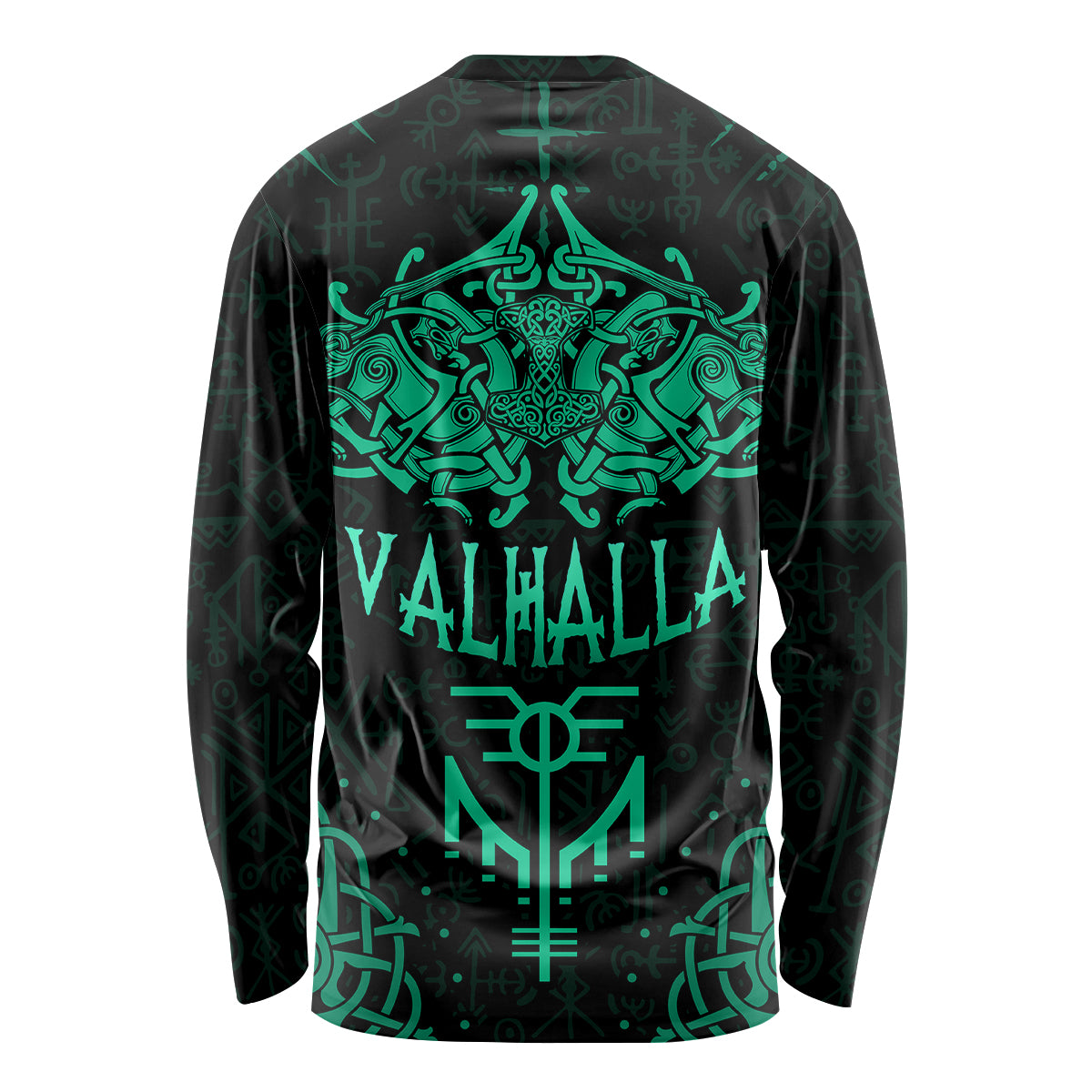 Black long sleeve shirt with teal 'VALHALLA' back print and rune sword