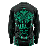 Black long sleeve shirt with teal 'VALHALLA' back print and rune sword