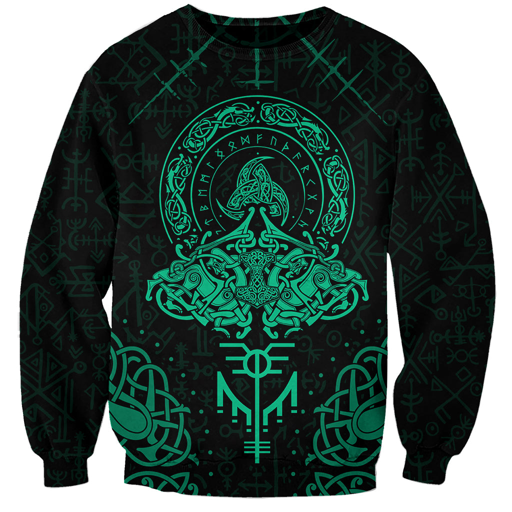 Unisex Viking sweatshirt, black with cyan circular Valhalla emblem and knot details