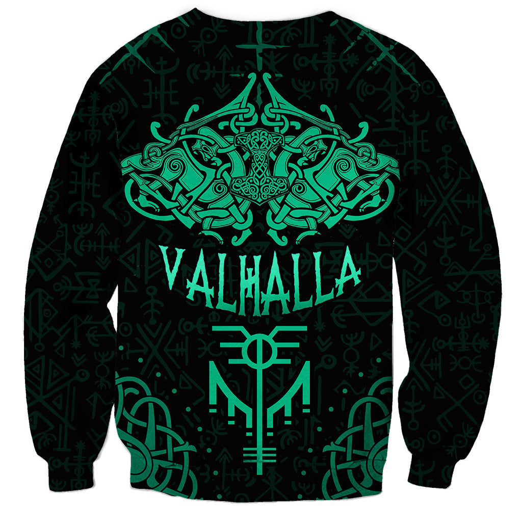 Unisex Viking sweatshirt, black with cyan Valhalla text and central emblem